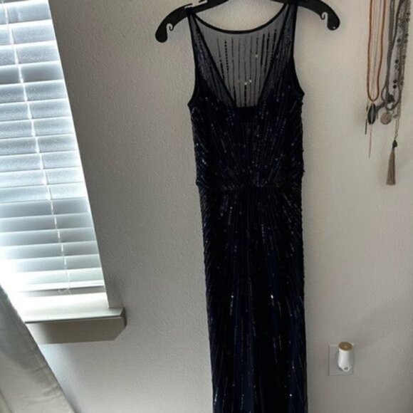 Aidan Mattox High Neck Navy Beadded Floor Length Dress - Dress for Wedding Guest - Picture 3 of 9